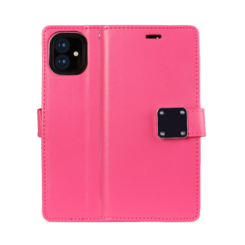 Multi Pockets Folio Flip LEATHER WALLET Case with Strap for iPhone 12 / 12 Pro 6.1 (Hot Pink)